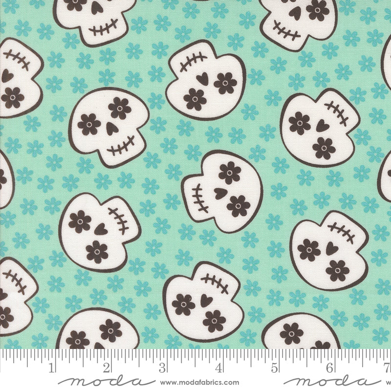 Fab Boo Lous Aqua Cheery Skull Yardage by Me & My Sister for Moda Fabrics