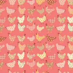 Prairie Sisters Homestead Pink Cheeky Chickens Yardage by Lori Woods for Poppie Cotton Fabrics