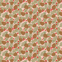 Prairie Christmas Natural Traditional Pine Cones Tree Yardage by Amanda Grace for Poppie Cotton Fabrics