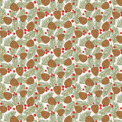 Prairie Christmas White Traditional Pine Cones Tree Yardage by Amanda Grace for Poppie Cotton Fabrics