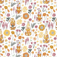 Harvest Time White Gnome Worry Be Happy yardage designed by Vicky Yorke for Camelot Fabrics