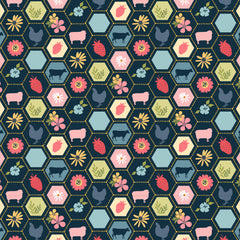 Sunshine And Chamomile Navy Strawberry Patch Yardage by Lori Woods for Poppie Cotton Fabrics