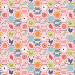 Sunshine And Chamomile Pink Strawberry Patch Yardage by Lori Woods for Poppie Cotton Fabrics